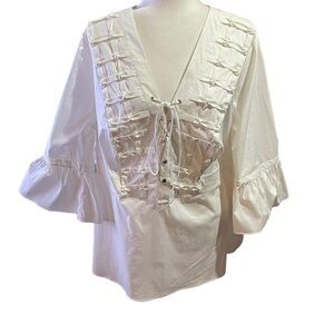 Lane Bryant Pullover White/Blouse-Pleated- Lace Up-Bell Sleeves- Sizes 18-20